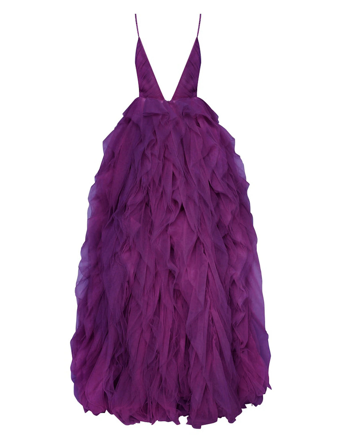 Back view of the elegant V-neck sleeveless tulle ball gown.