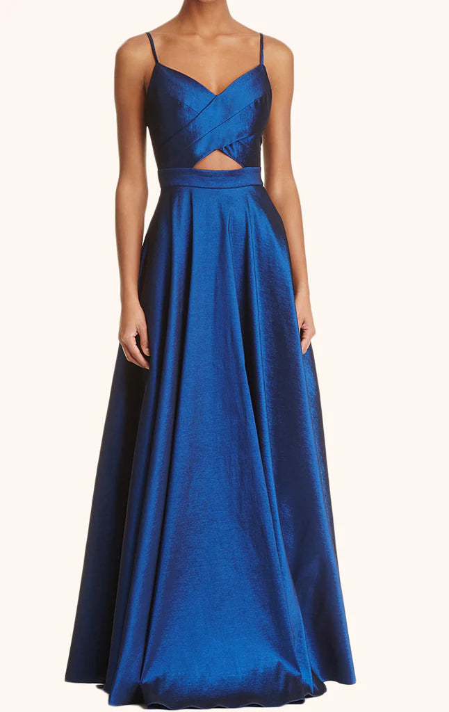 Woman wearing an elegant V-neck spaghetti strap long formal dress.