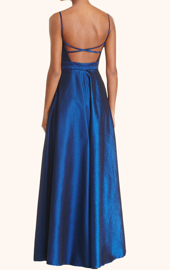 Elegant V-neck spaghetti strap long formal dress.