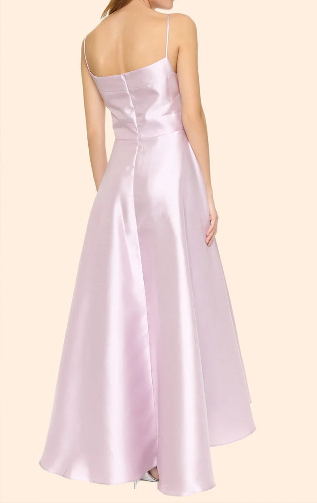 Back view of the satin tea length prom dress with spaghetti straps.