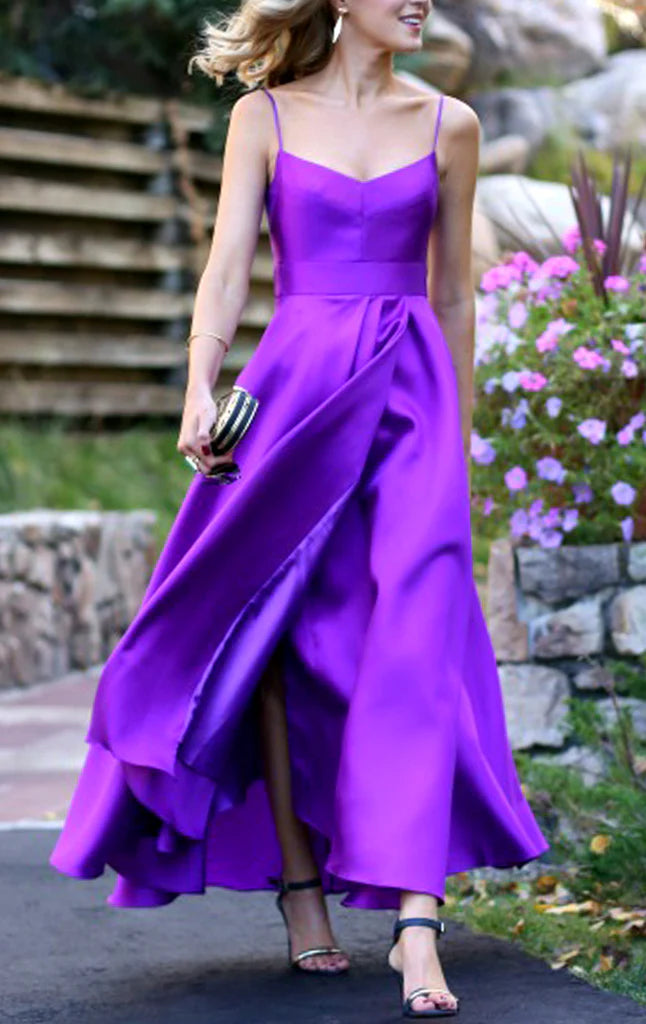 Side view of the elegant A-line satin tea length dress.