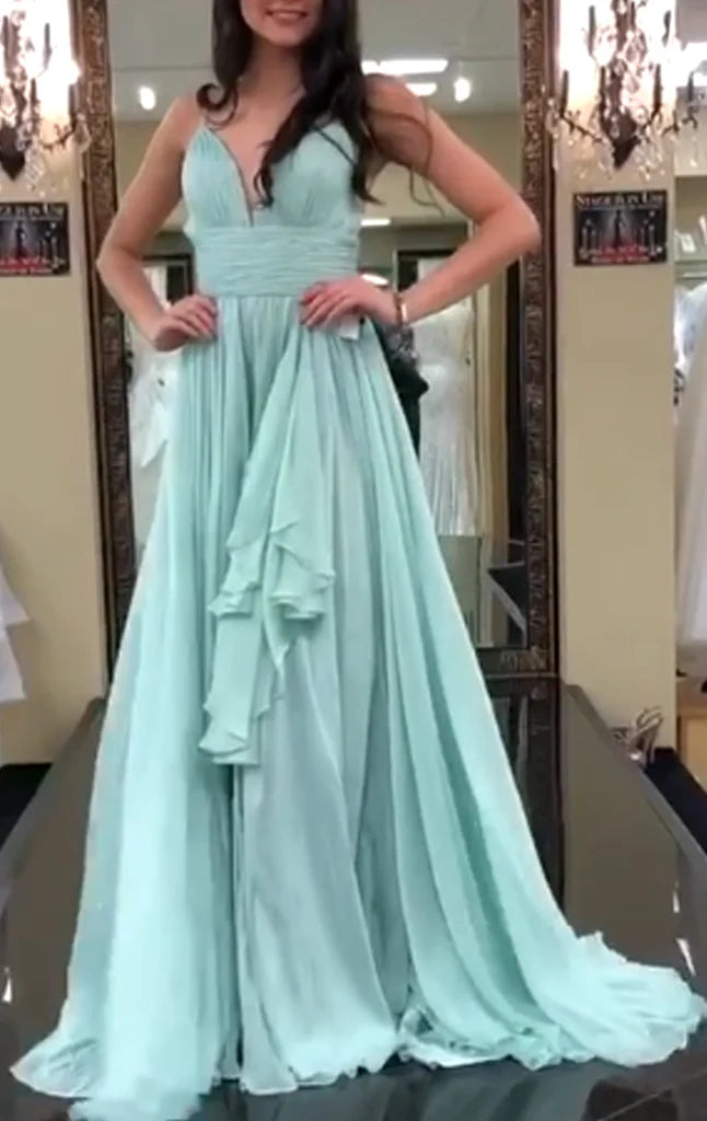 Elegant long chiffon prom dress with V-neck and spaghetti straps.