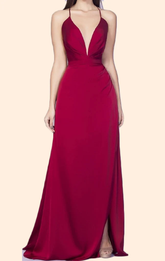 Elegant V-neck chiffon long prom dress with spaghetti straps.