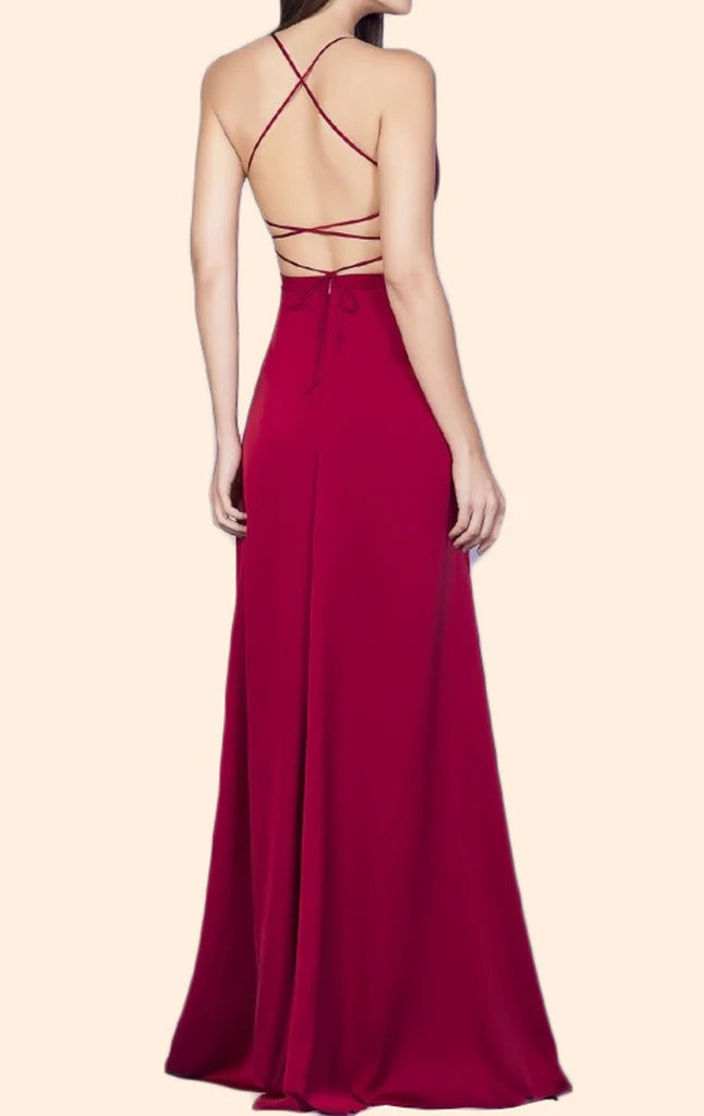 Chiffon long prom dress with V-neck and spaghetti straps.