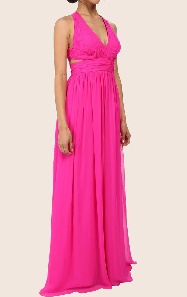 Close-up of the V-neck and spaghetti straps on a blush chiffon formal dress.