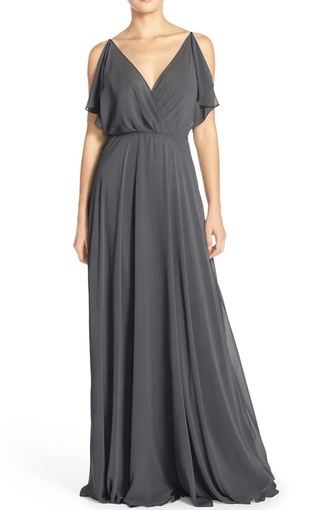 Elegant V Neck chiffon maxi gown with spaghetti straps.