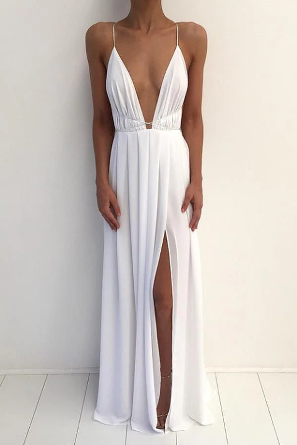 Elegant V-neck spaghetti strap maxi prom dress with a front split.