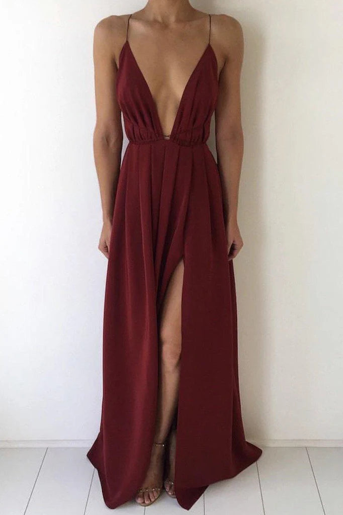 Close-up of the V-neckline and spaghetti straps on the prom dress.