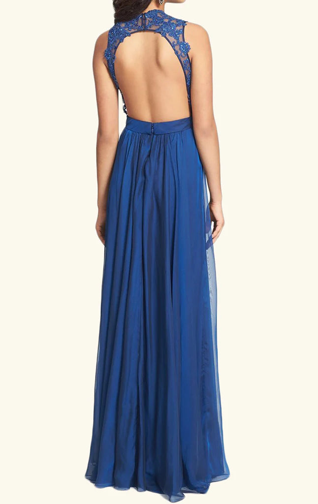 Elegant V-neck lace and chiffon long prom dress with spaghetti straps, side view.
