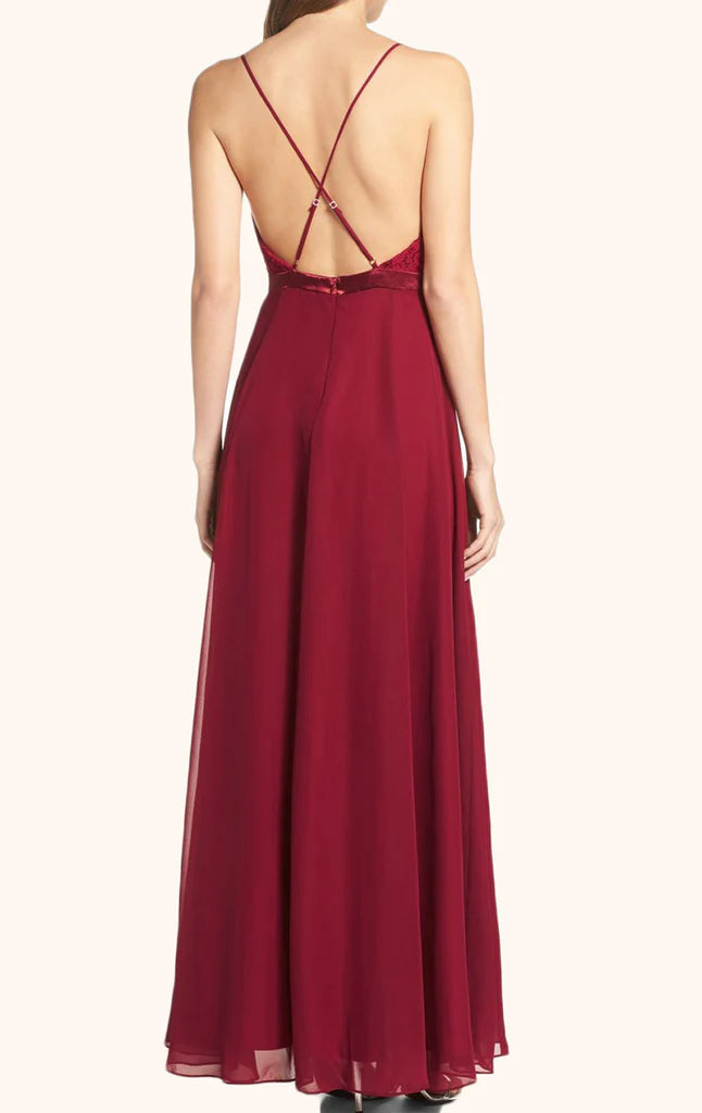 Full length view of a V-neck spaghetti strap lace and chiffon maxi formal gown.