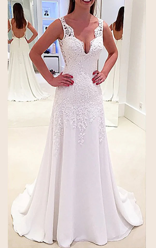 Elegant V-neck spaghetti strap lace chiffon long prom dress.
