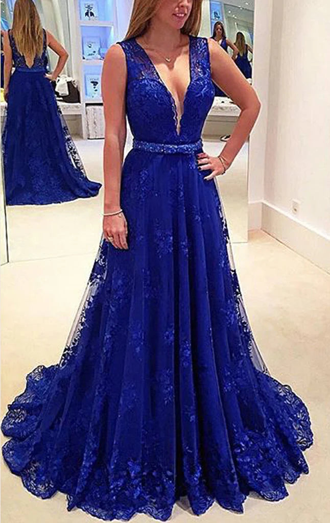 Elegant V-neck lace maxi prom gown on a model.