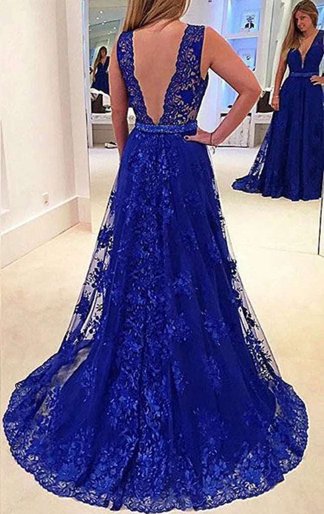 Full view of the V-neck lace maxi formal gown.