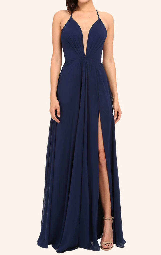Elegant V-neck spaghetti strap maxi prom dress with a high slit, front view.