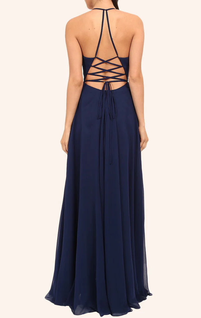 Side view of the V-neck spaghetti strap maxi prom dress, showing the flowing skirt and slit.