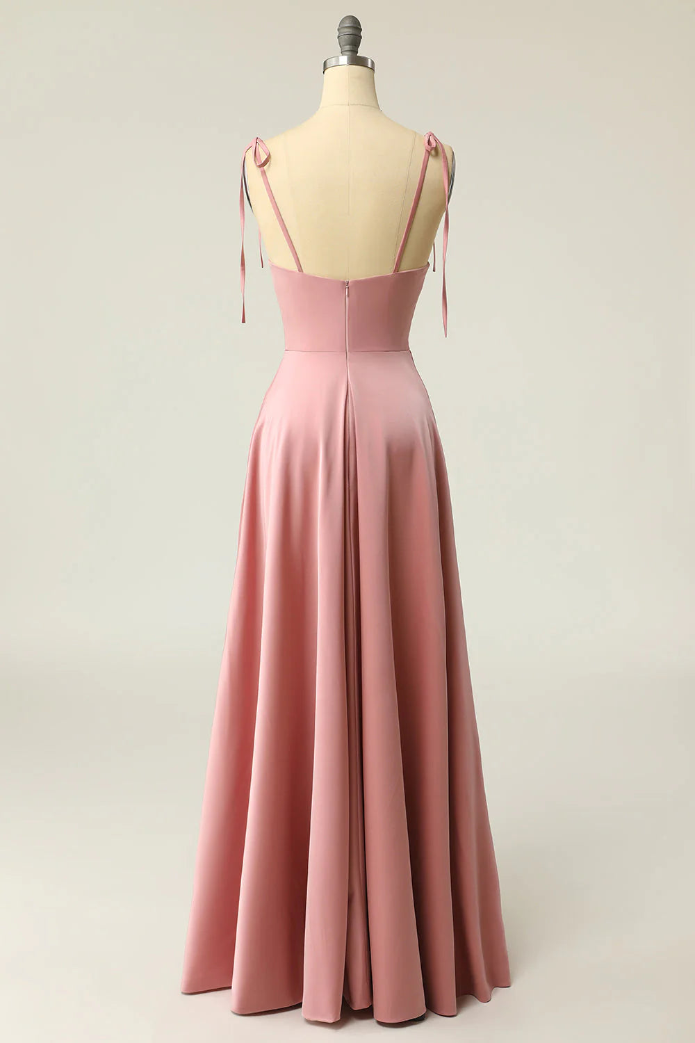 Back view of the V-neck spaghetti strap prom dress, highlighting the bowknot.