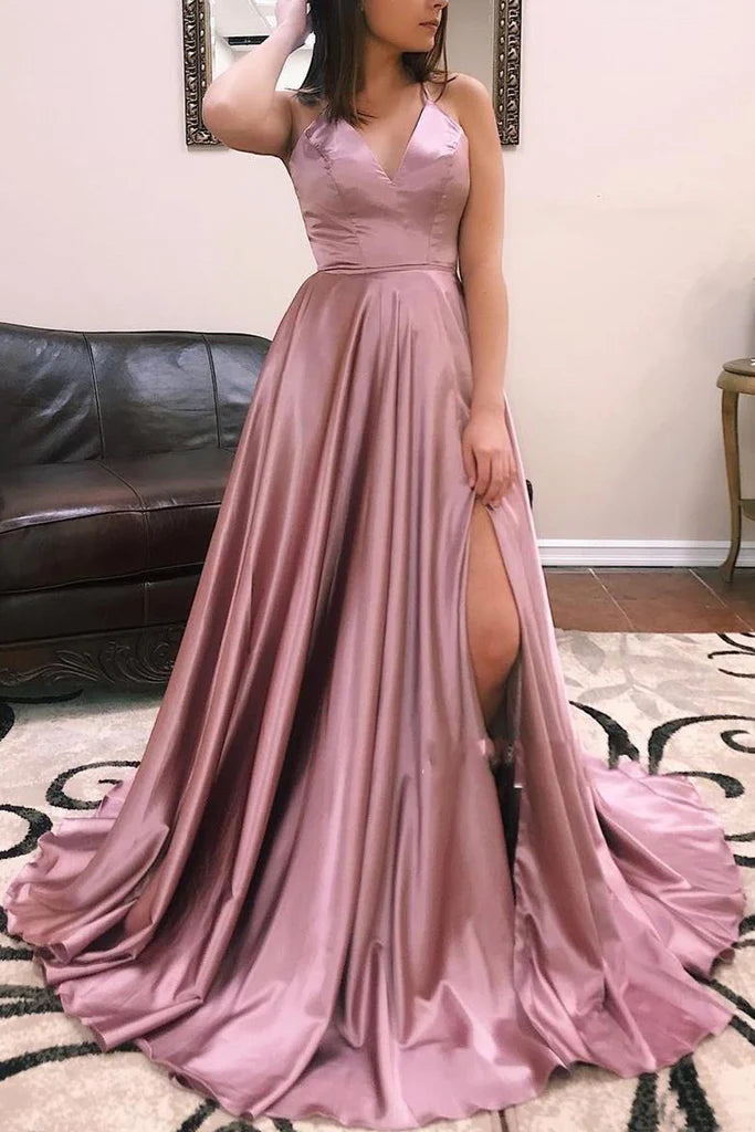 Elegant V-neck spaghetti strap long prom dress in satin chiffon.