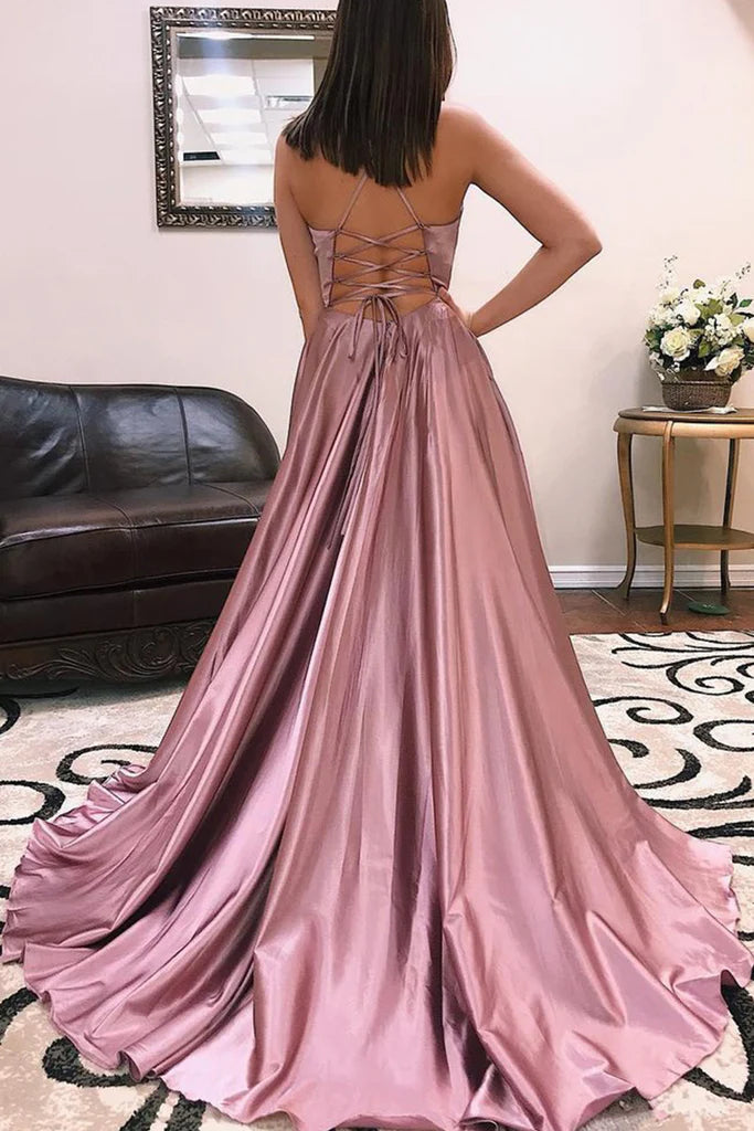 Back view of the flowing satin chiffon formal evening gown.