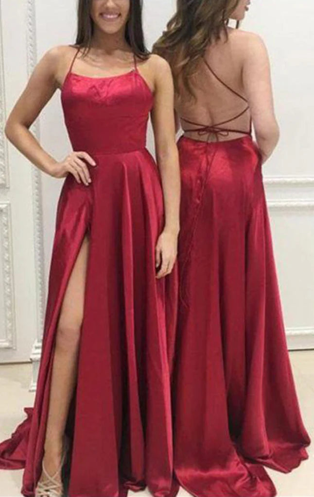 Elegant V-neck spaghetti strap long prom dress in satin chiffon.