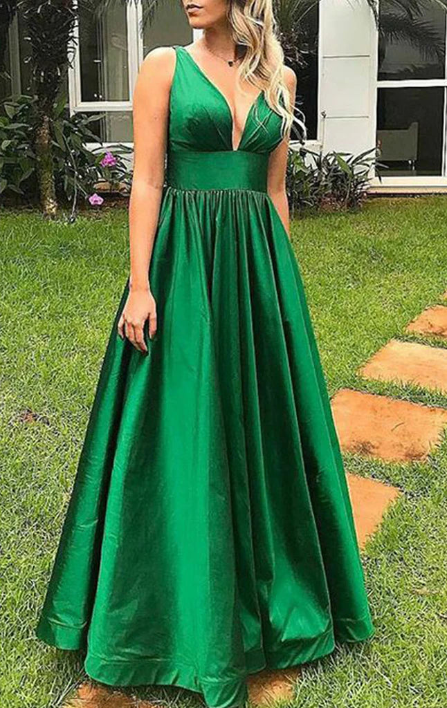 Elegant V-neck satin long prom dress with spaghetti straps, front view.