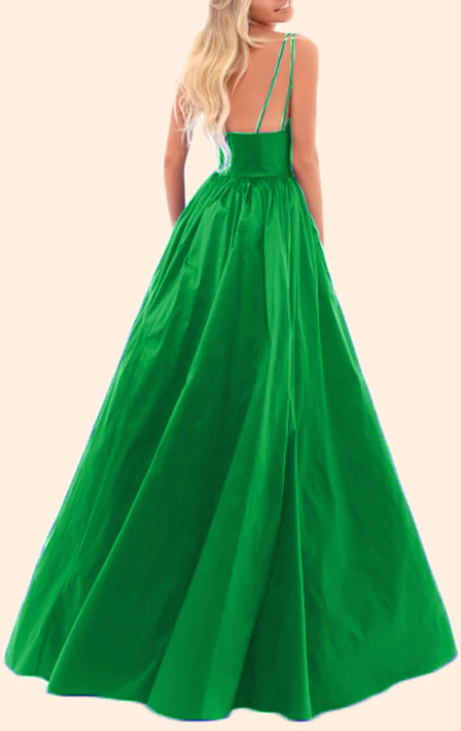 Sophisticated V-neck satin long prom dress with spaghetti straps, side view.