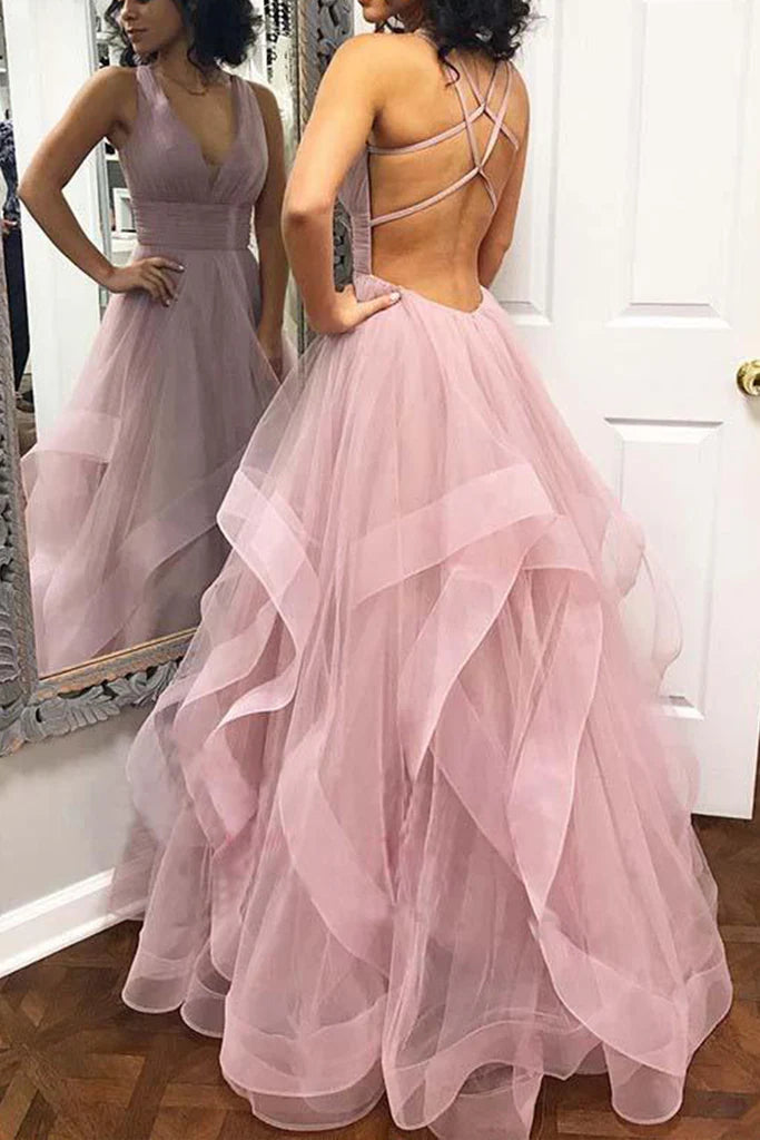 Elegant V-neck tulle long prom dress with spaghetti straps.