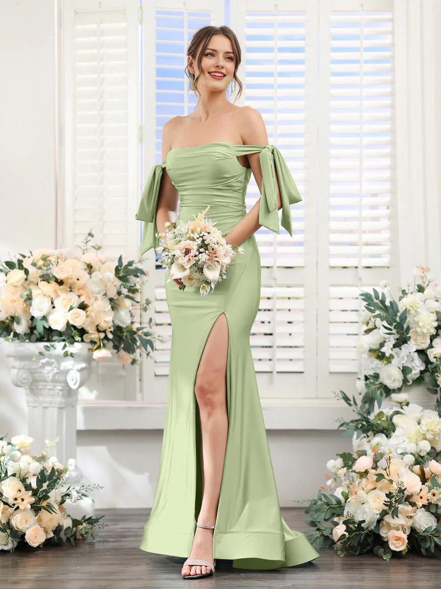 Sophisticated sage V-neck split formal dress.