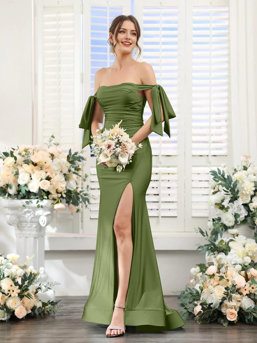 Deep olive green V-neck split formal dress.