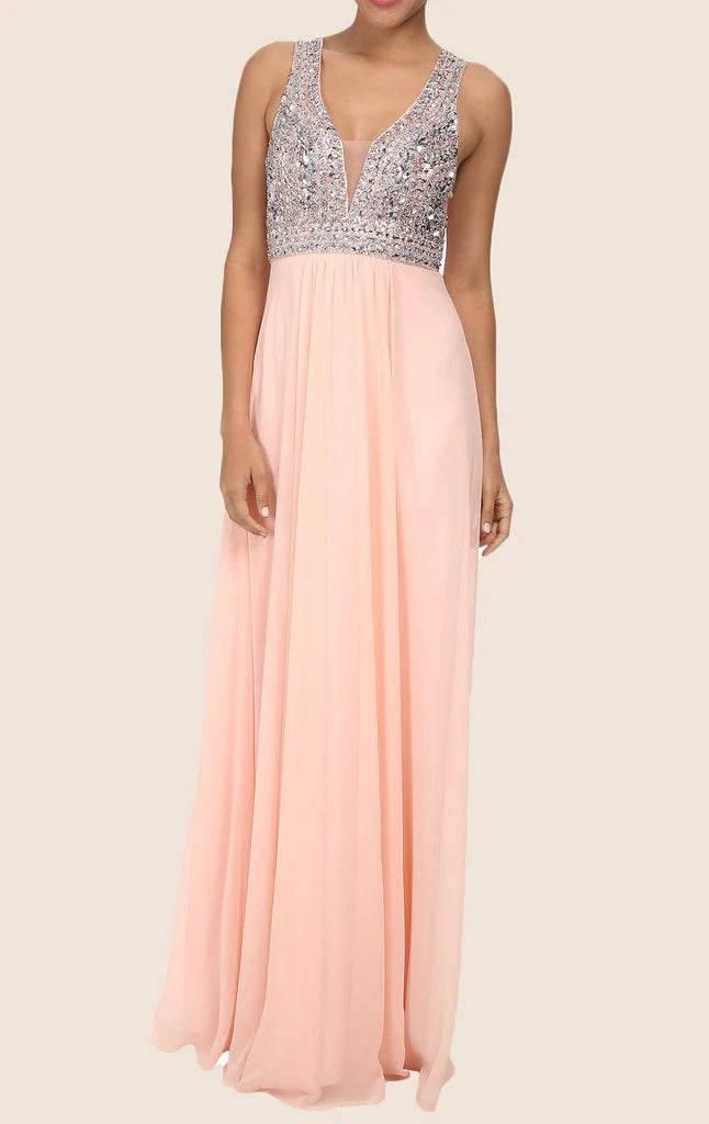 Elegant V-neck chiffon prom dress with crystal embellishments and spaghetti straps.
