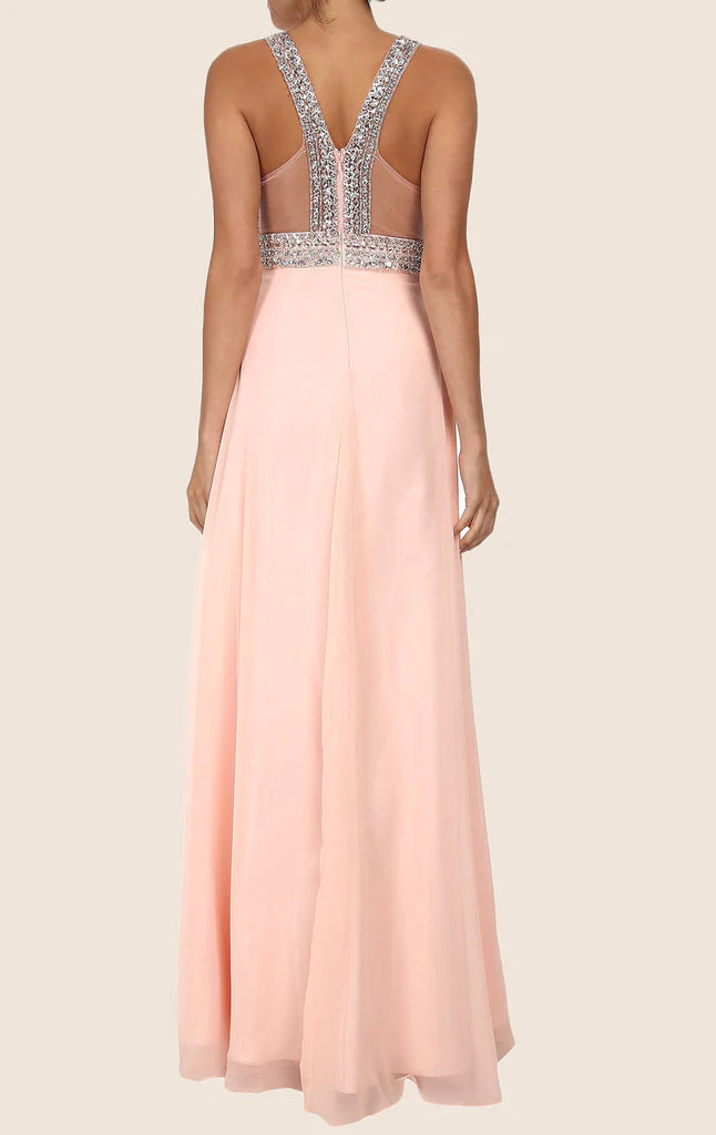 Back view of a flowing A-line formal gown in chiffon with delicate straps.