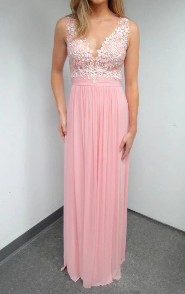 Long V-neck chiffon and lace prom dress with delicate straps.