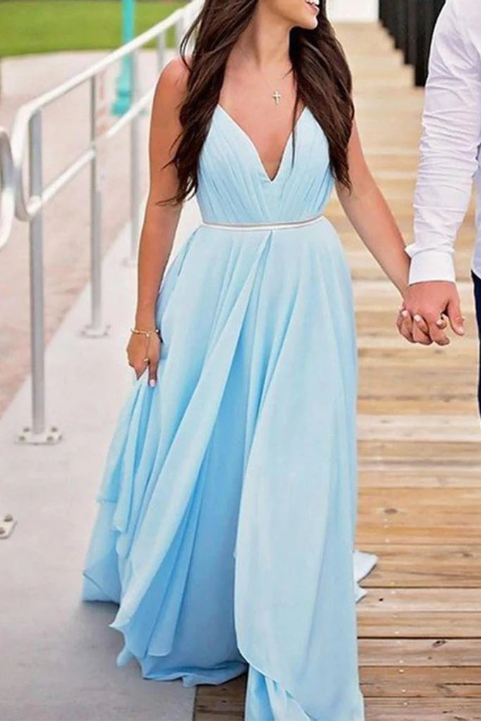 Elegant V-neck chiffon long prom dress with delicate straps.