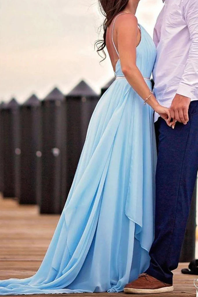 Back view of the flowing chiffon formal evening gown.