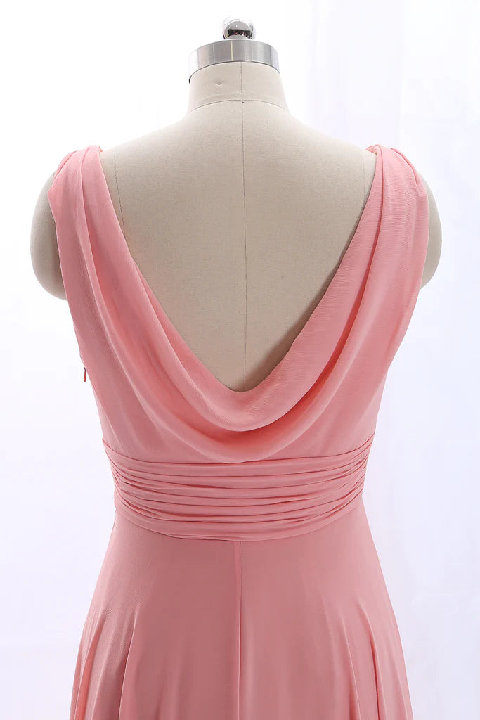 Back view of the peach chiffon prom dress, highlighting the elegant cowl back design.