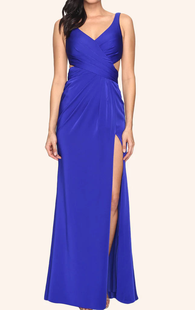 Elegant V-neck maxi formal gown with spaghetti straps.