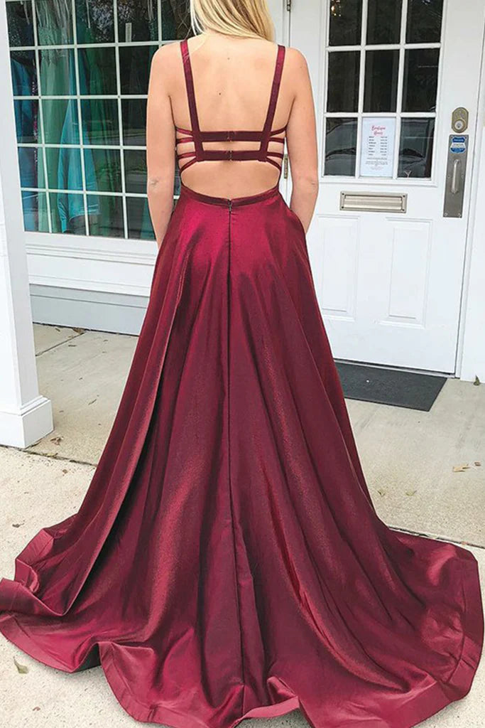 Back view of the long satin formal evening dress with delicate straps.