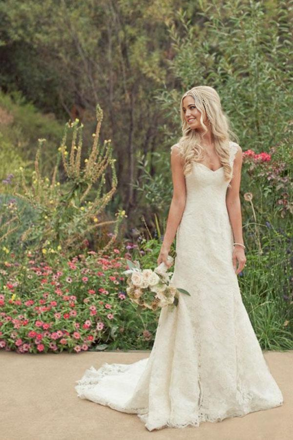 Front view of a V-Neck Trumpet Mermaid lace wedding dress.