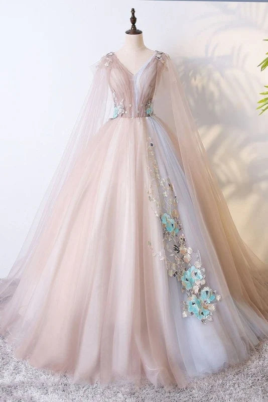 Elegant V-neck tulle applique ball gown for quinceanera.
