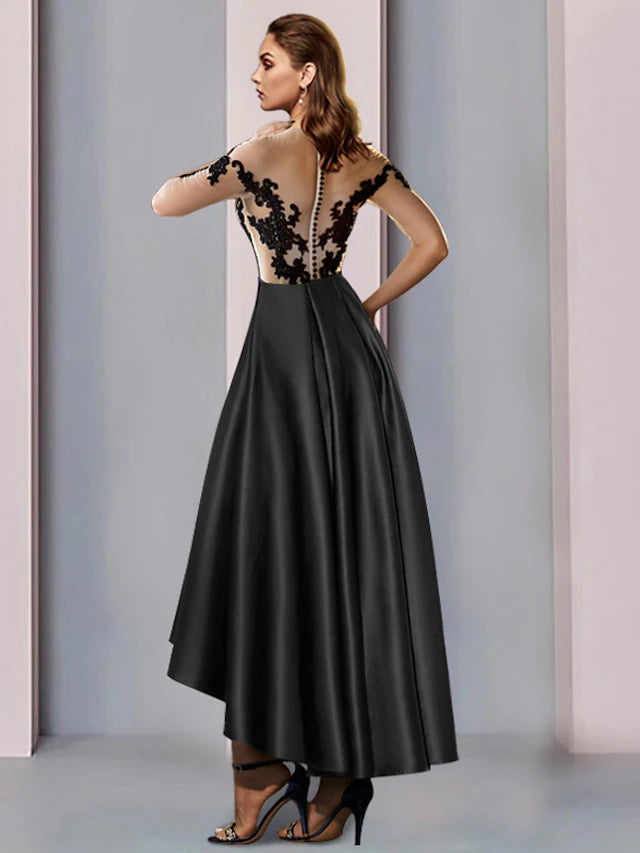 A-Line Mother of the Bride dress featuring satin lace fabric and elegant pleats.