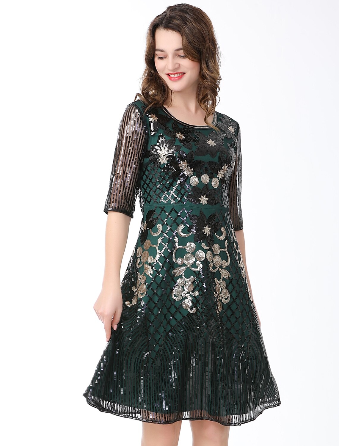 Side profile of a model in the elegant half sleeve dress.