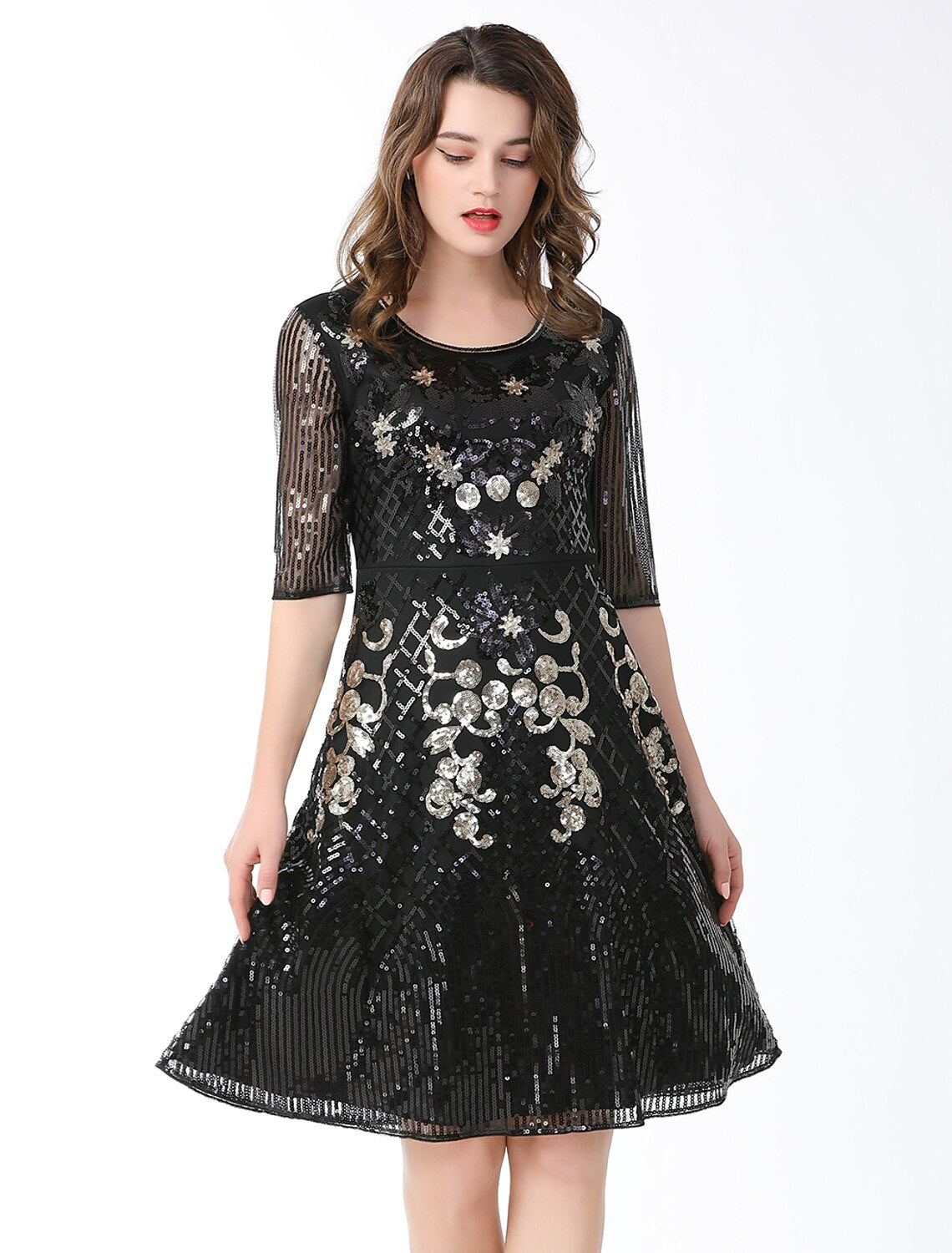 Model posing in the festive holiday A-line dress.