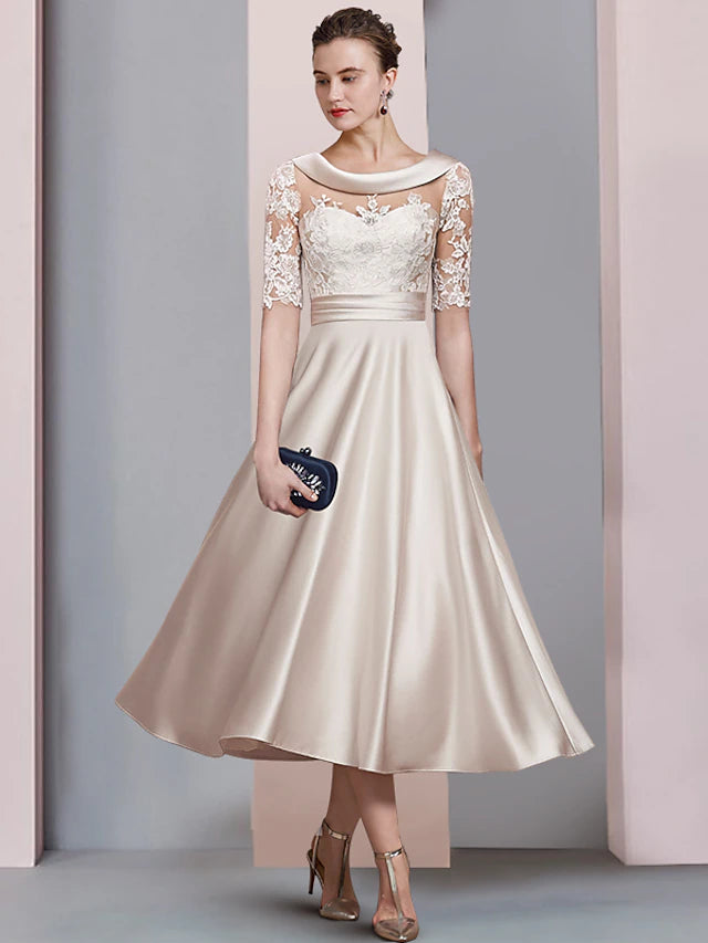 Elegant A-Line Mother of the Bride dress with scoop neck, half sleeves, and ruched appliques.