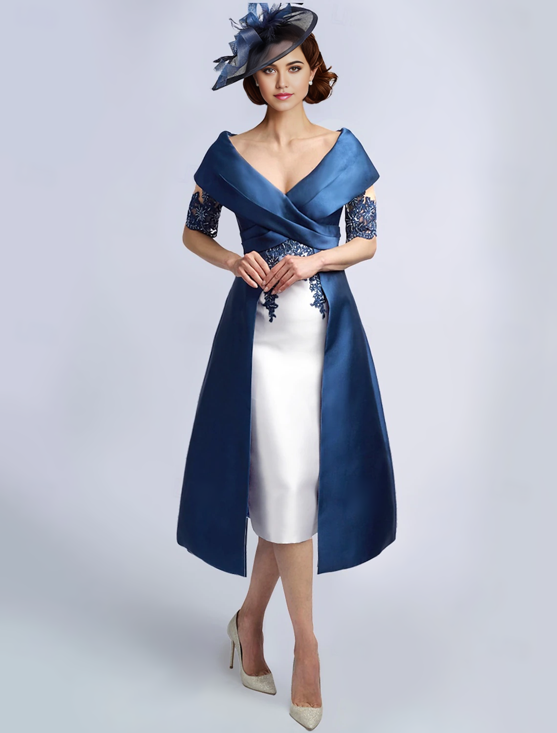 Elegant A-Line Mother of the Bride dress with V-neck, half sleeves, and lace details.