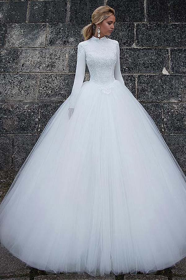 Elegant A-line satin ball gown wedding dress with high collar and long sleeves.
