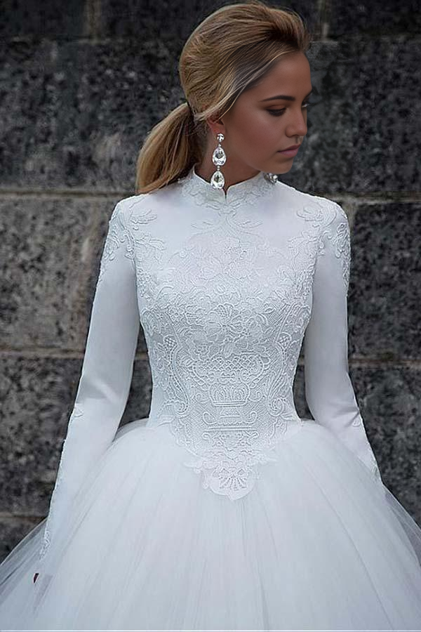 Back view of a classic high collar bridal dress with long sleeves.