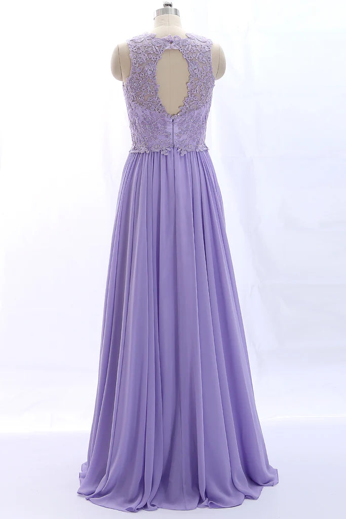 Back view of a women's vintage lace chiffon maxi dress.