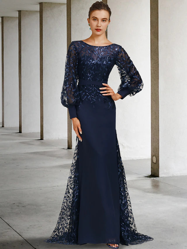 Elegant Mermaid Trumpet Mother of the Bride dress with jewel neck and long sleeves.