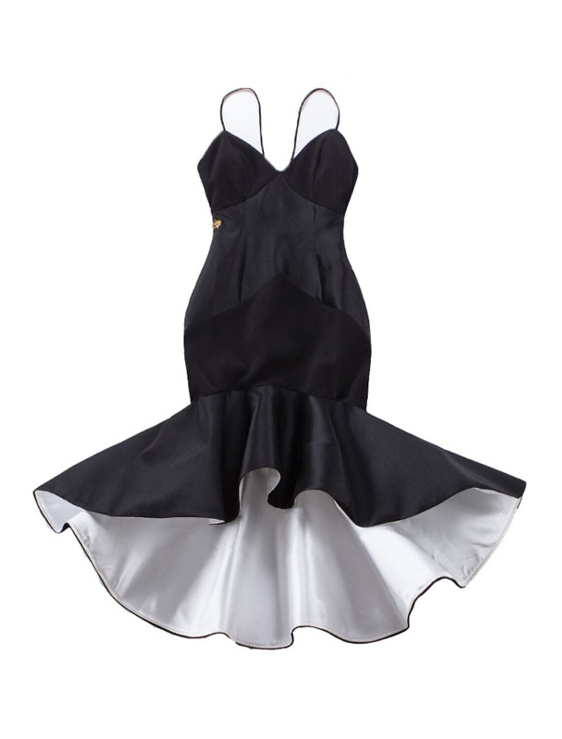 Vintage mermaid trumpet evening gown with spaghetti straps and ruffles.