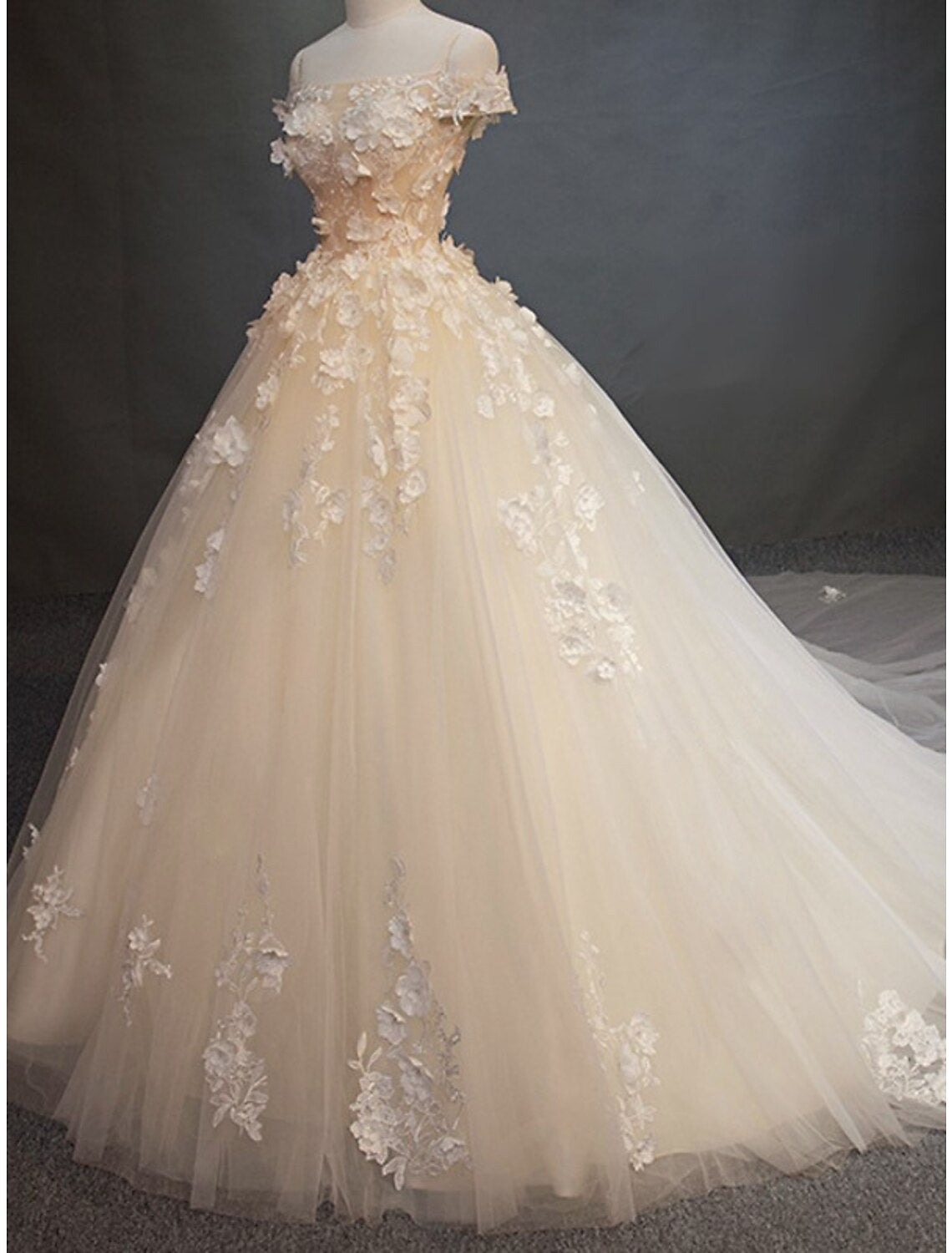 Close-up of the intricate lace and pearl appliques on the bodice of the wedding dress.