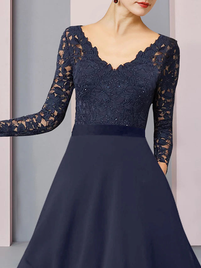 Side view of the elegant long sleeve mother of the bride dress.